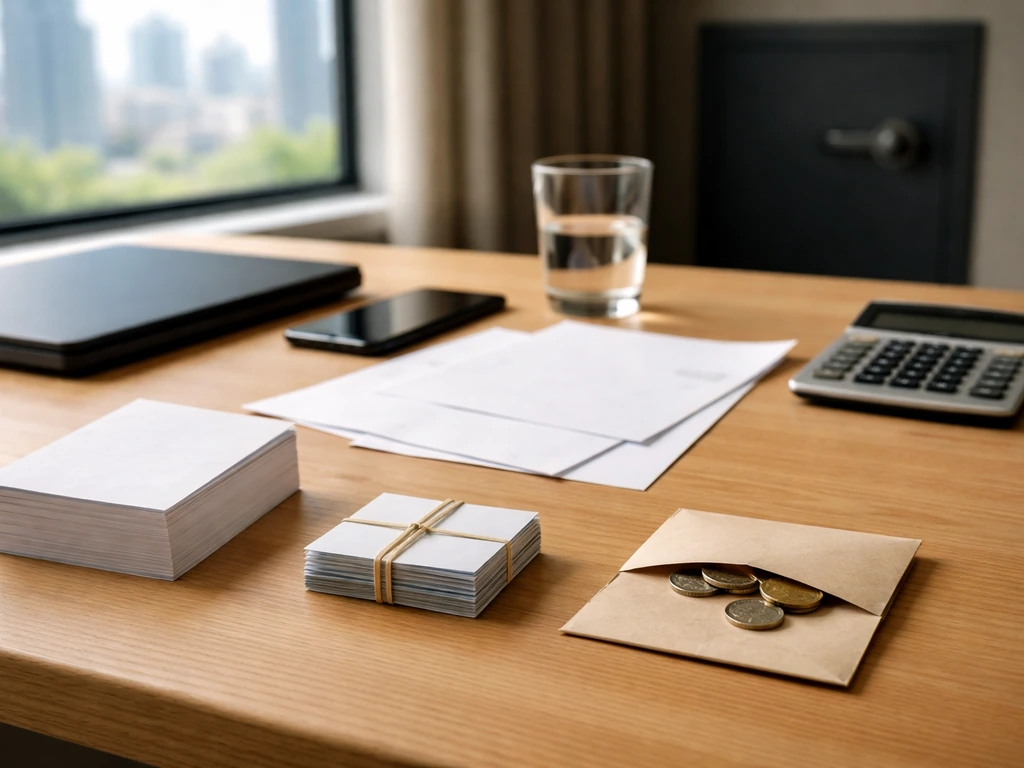 Minimal desk scene with calculator, papers, coins, and business items symbolizing net-worth calculation