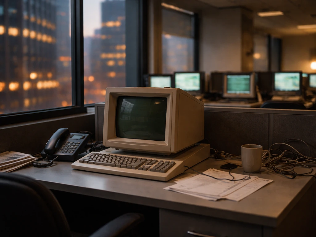 Empty Wall Street trading office with screens and a vintage ticker-style terminal in the background