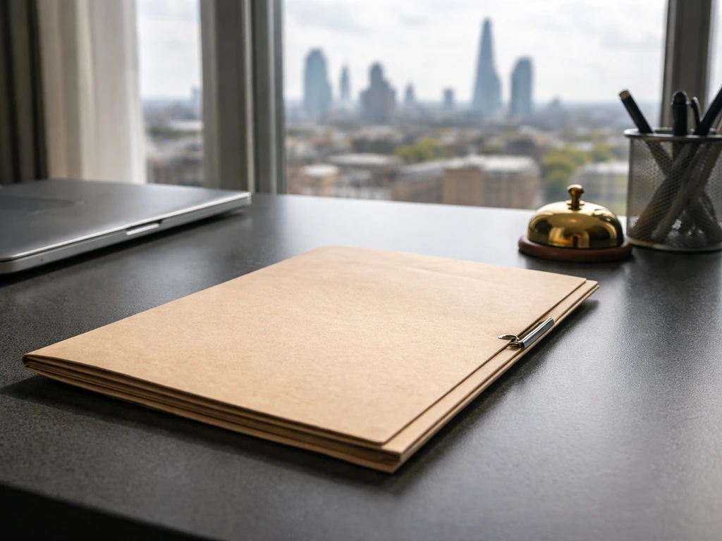 Desk with closed laptop and folder, with blurred city skyline—suggesting a financial acquisition transaction.