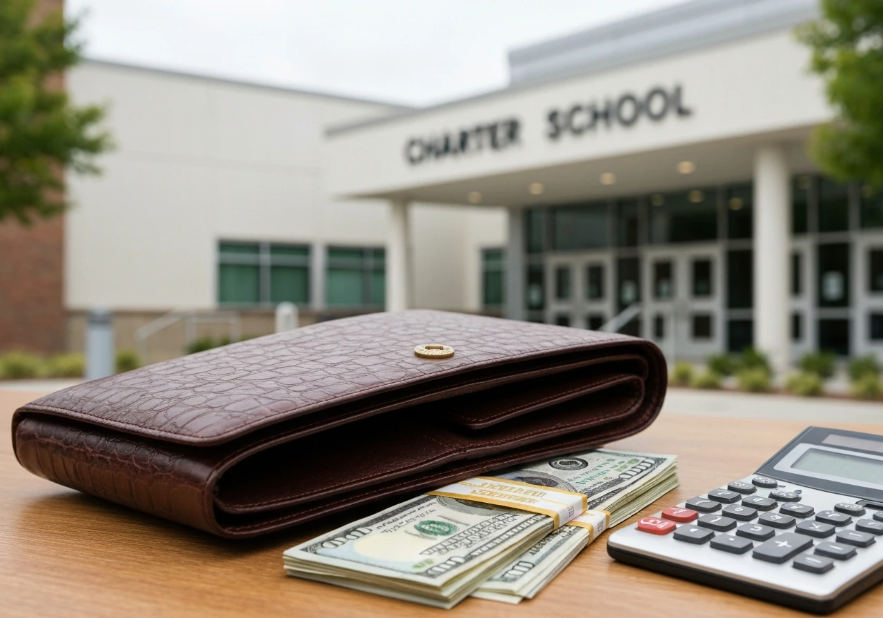 Minimal charter school campus backdrop with an open leather portfolio, neatly stacked cash, and a calculator.