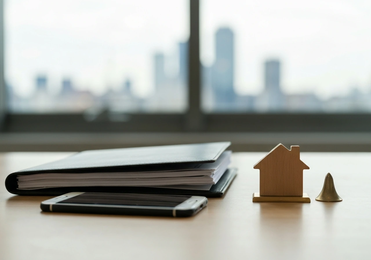 Minimal desk scene with folder and documents plus a small house token, suggesting business vs real estate assets