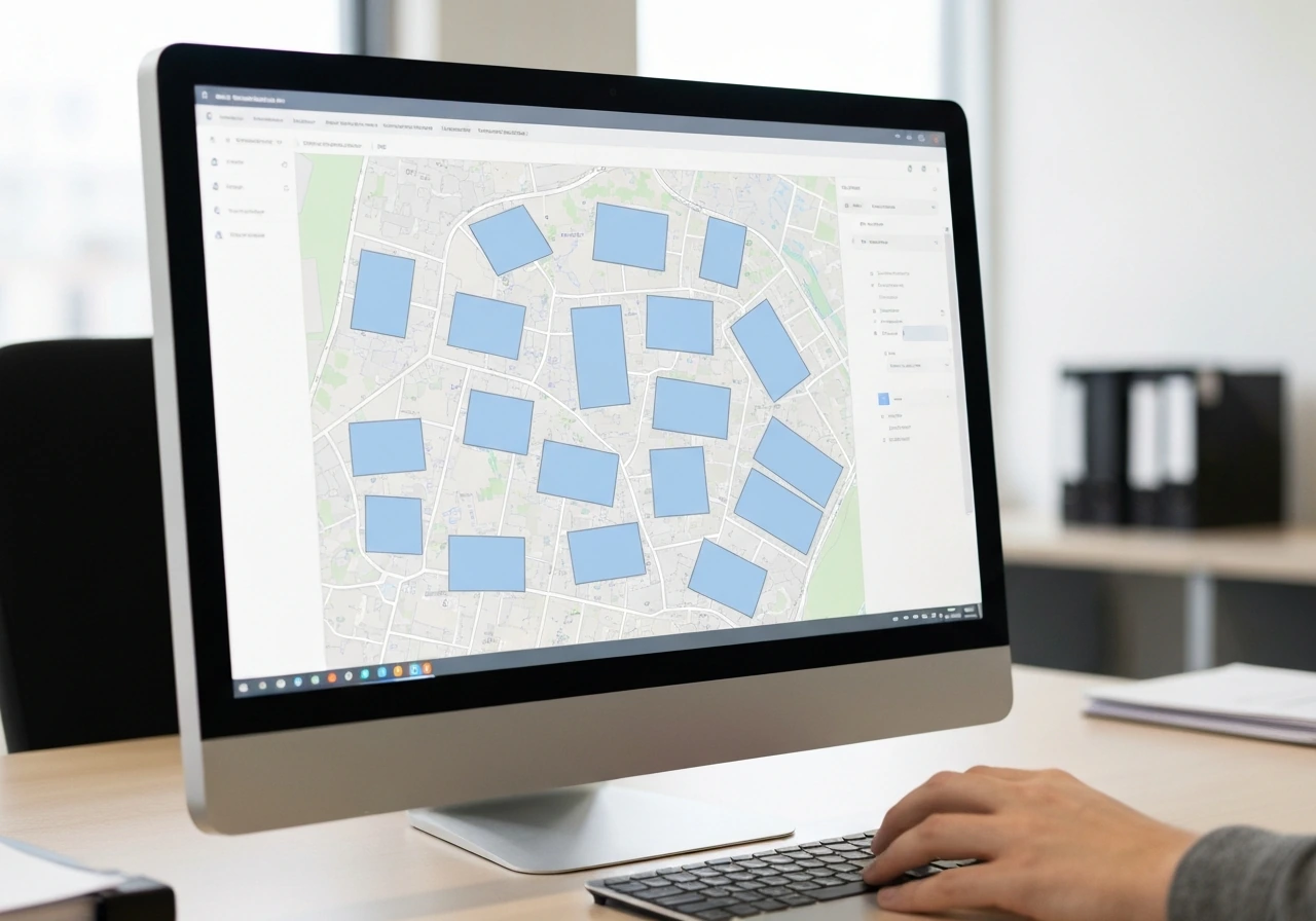 Hand near a mouse as a monitor shows a generic highlighted county parcel map view.