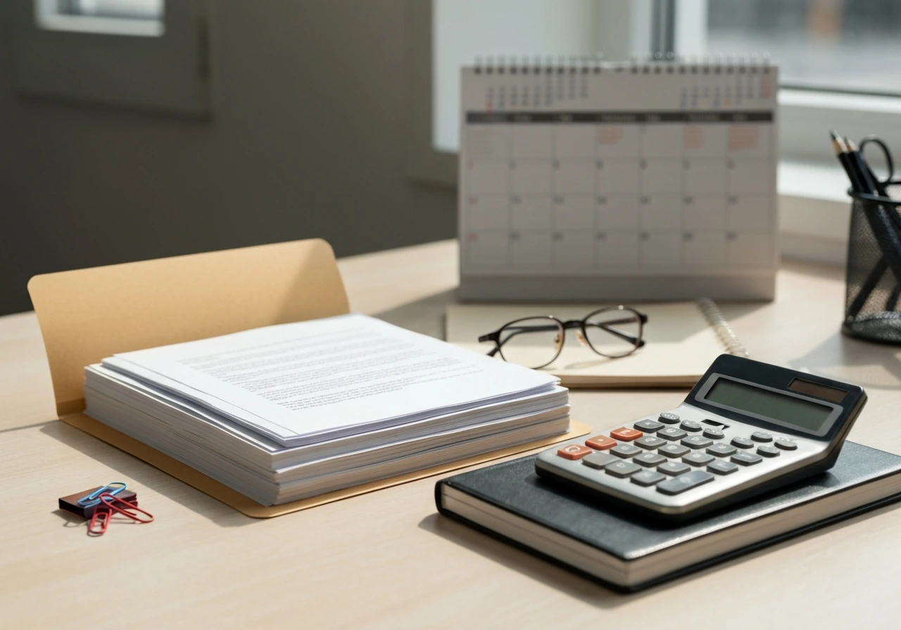 Minimal desk with assorted paperwork, calculator, and glasses arranged like a verification checklist.