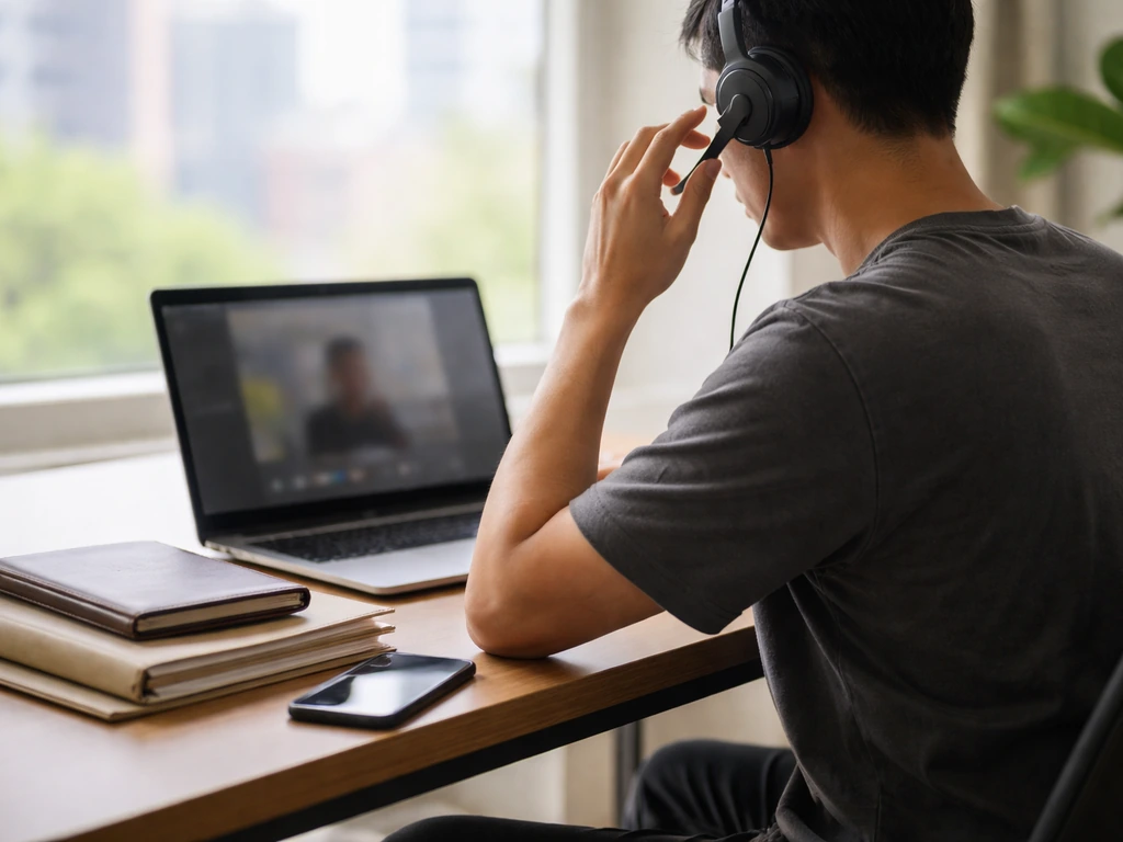 Anonymous person working on a laptop video chat in a modern home office with subtle finance atmosphere