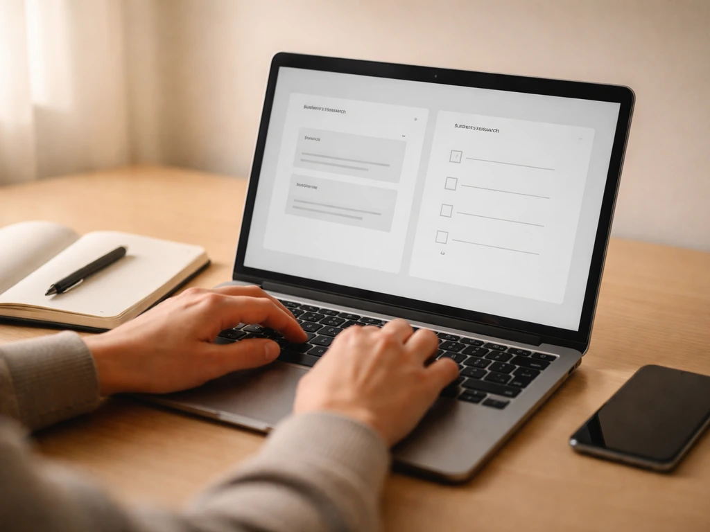 Minimal desk scene with laptop showing generic business profiles and valuation-related fields being checked
