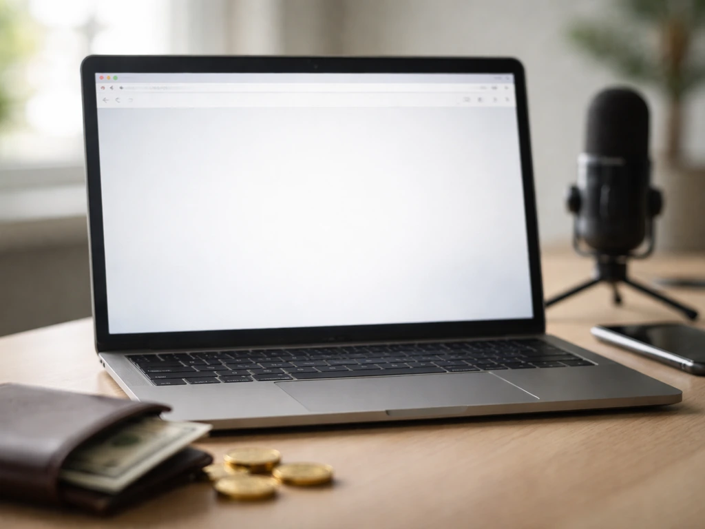 Minimal desk scene with laptop and money props suggesting a secondary entertainment net worth estimate screenshot.