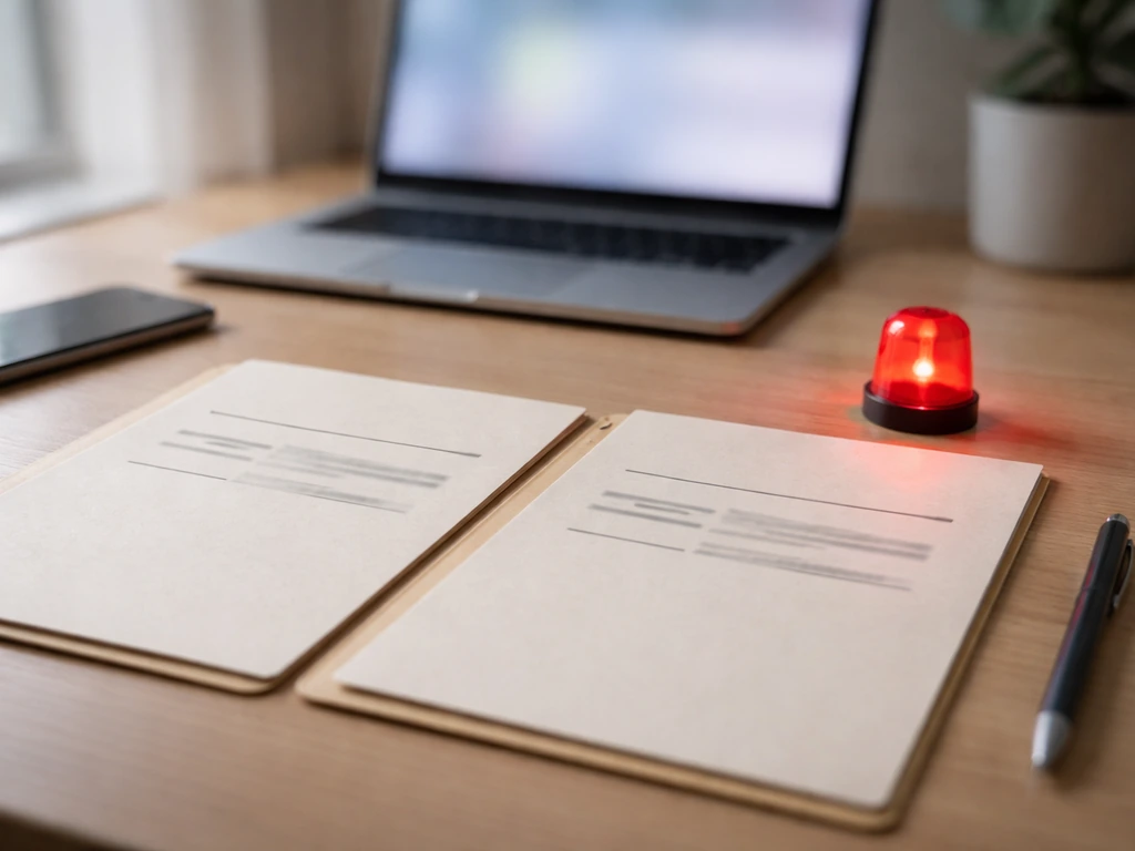 Minimal office desk scene with two indistinct documents and a computer showing blurred duplicate-name search results.