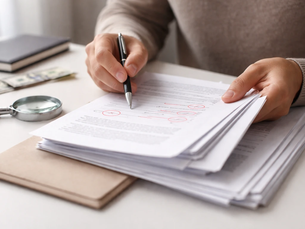 Hands reviewing documents with magnifying glass and smartphone on a minimal desk, suggesting verification checks.