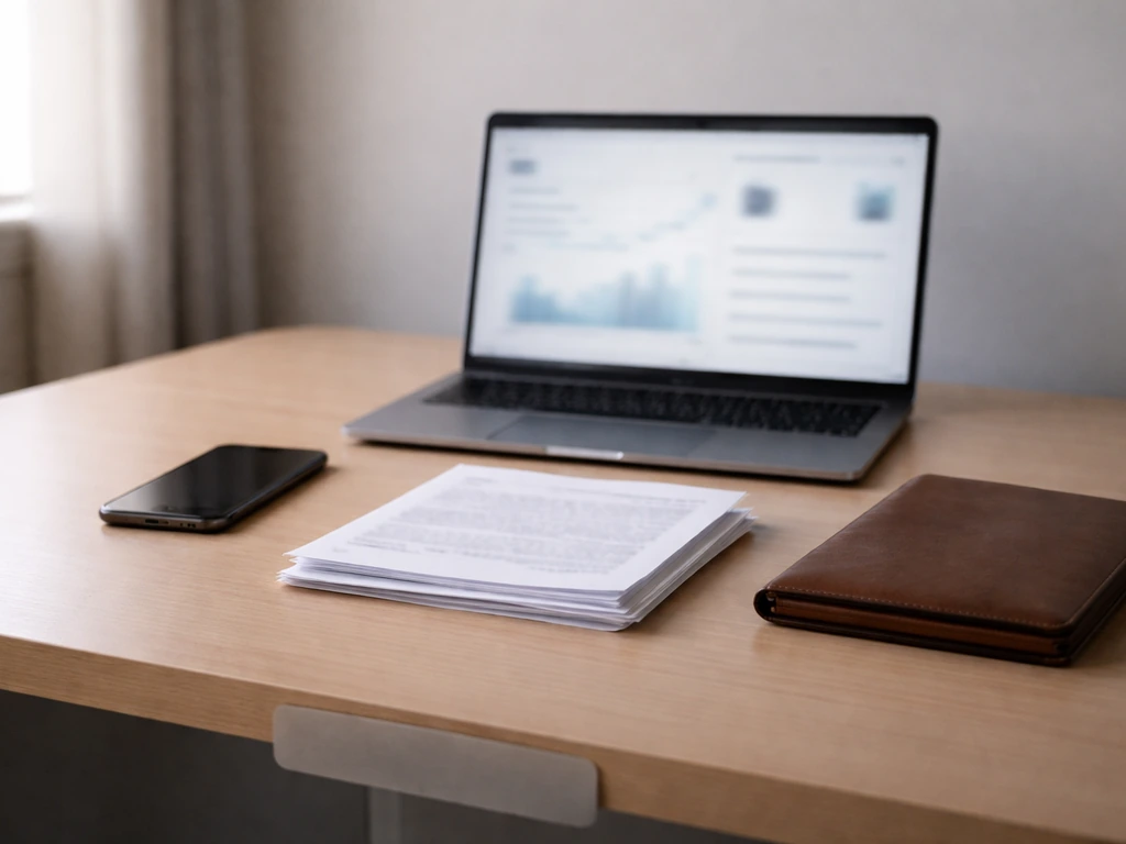 Anonymous office desk with financial notes and a muted screen, suggesting net-worth research without showing any person.