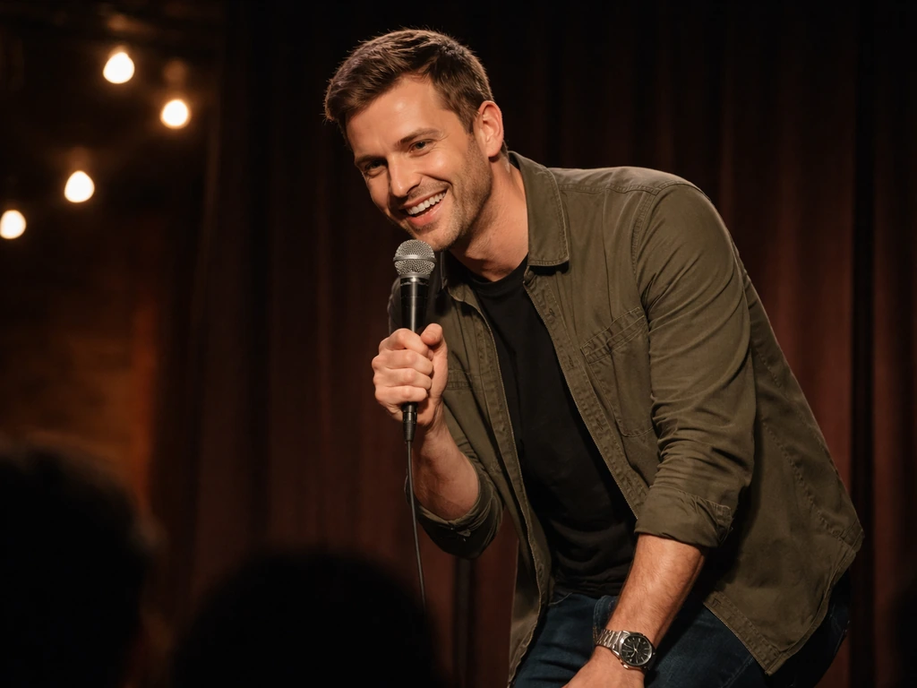 Anonymous comedian performing on a dim comedy club stage with a handheld microphone under warm lights.
