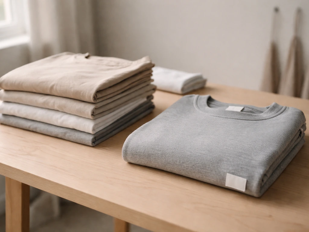 Folded neutral-toned clothing items on a clean worktable beside a branded garment label