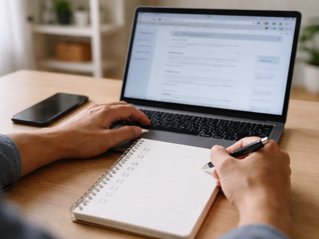 Person at a desk reviewing net-worth style sources on a laptop with a checklist