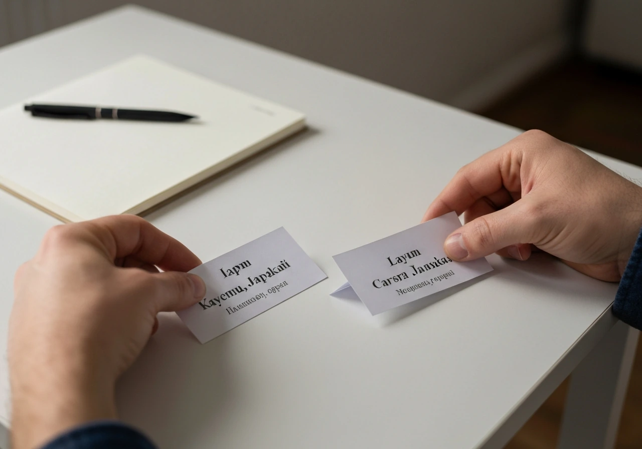 Close-up of two shuffled name cards with similar surnames, person checking carefully to avoid mix-ups.
