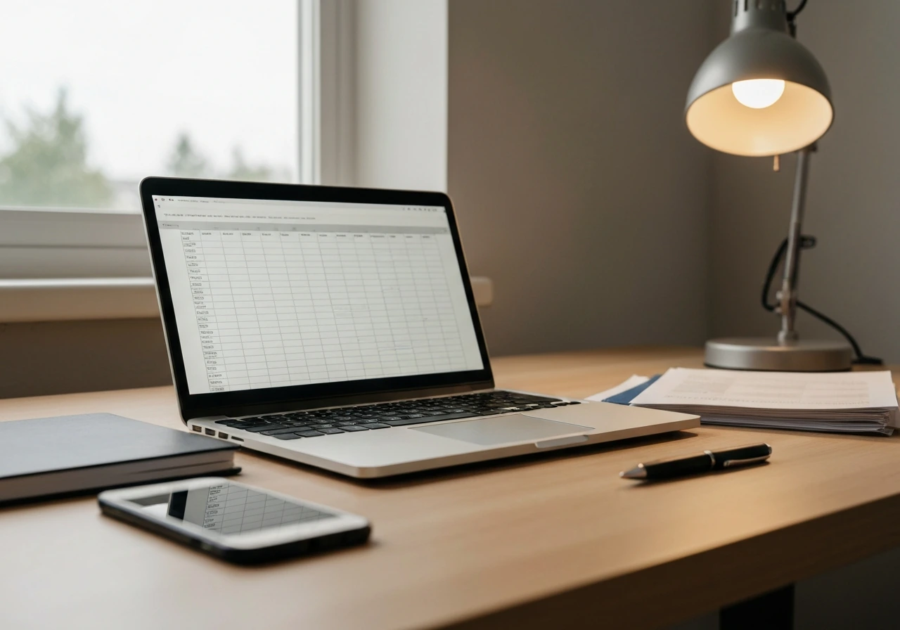 Minimal desk scene with papers, a wallet, and an open laptop showing blurred spreadsheets-like rows