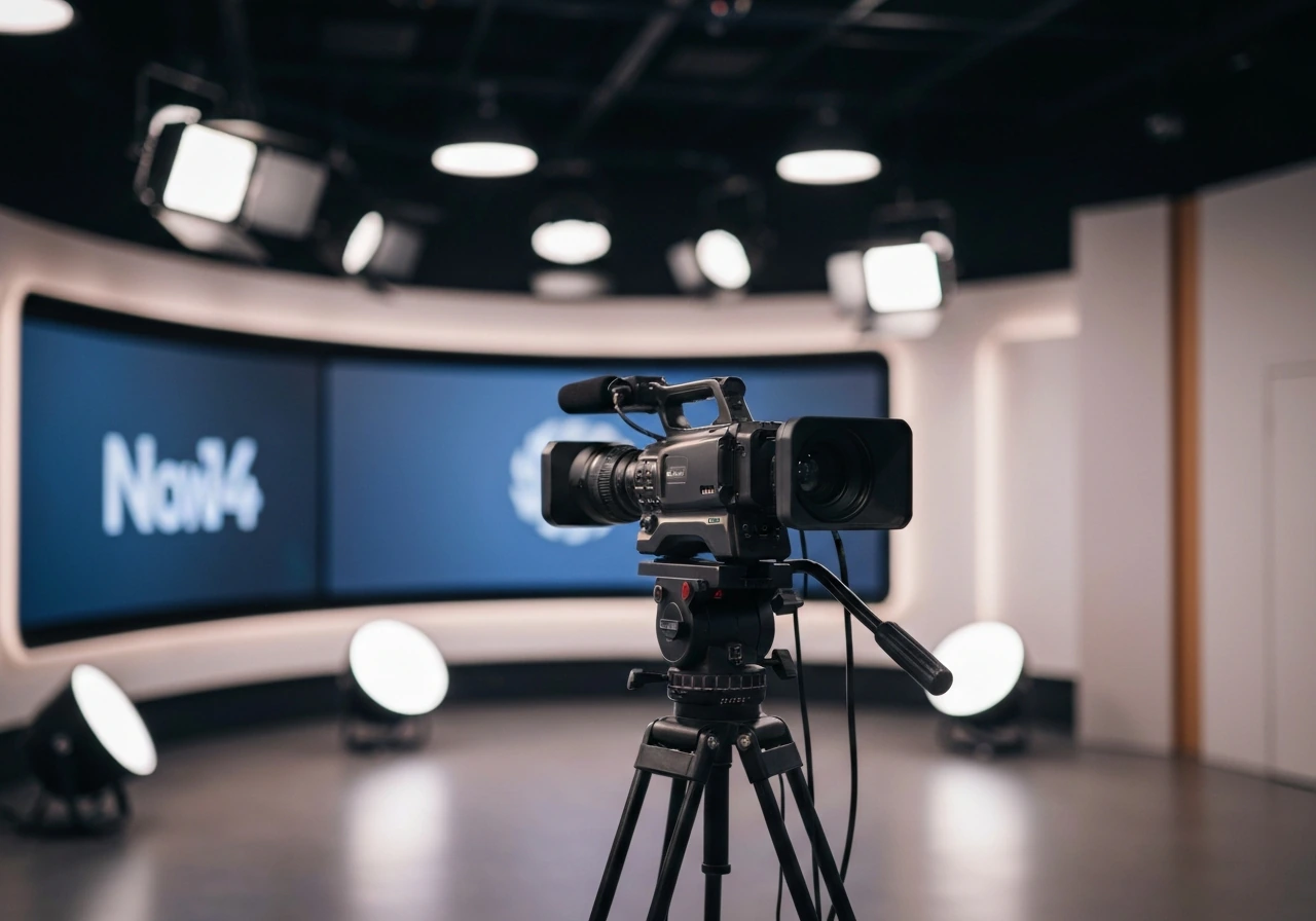 Minimal TV studio scene with a modern broadcast camera, suggesting Israel’s Channel 14 / Now 14 presence.
