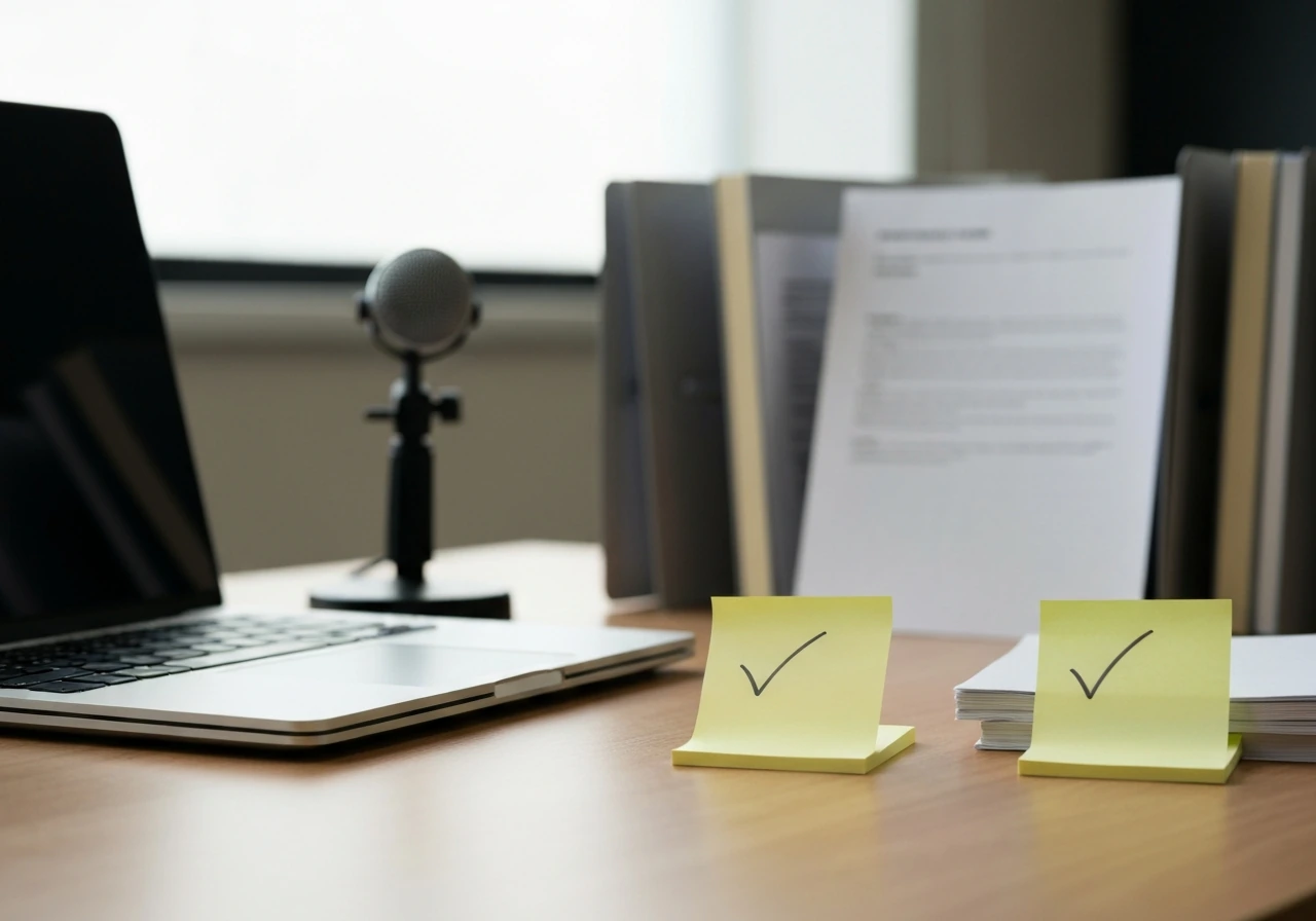 Minimal photo of a media and finance workspace with a notebook, checkmarked sticky note, and a microphone.
