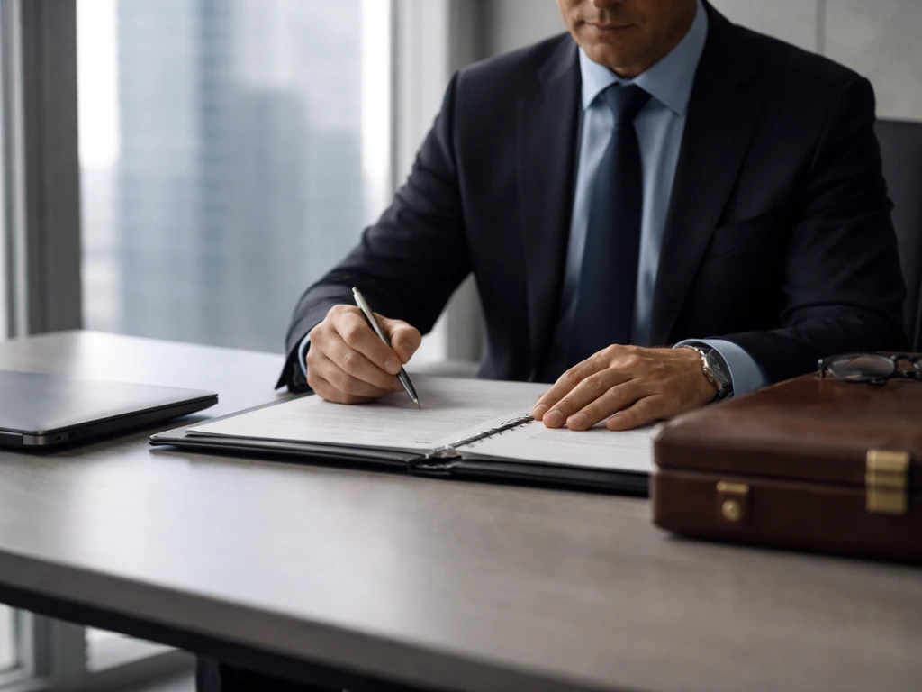Anonymous business executive in a modern office near a window, thoughtful, with a laptop and briefcase.