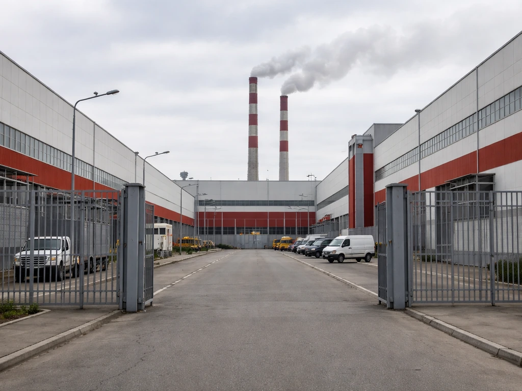 Exterior view of a Russian industrial manufacturing facility with metal gates and factory buildings.