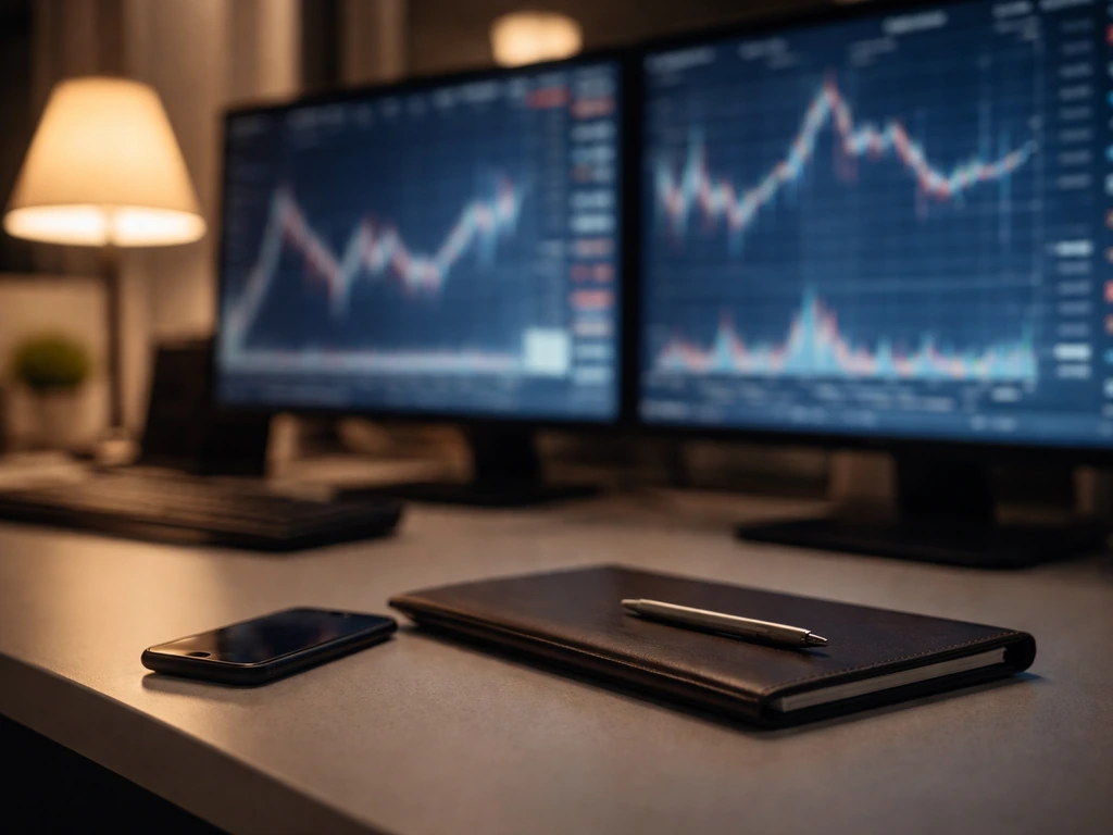 Closeup of MOEX trading-screen style interface in a Moscow brokerage setting