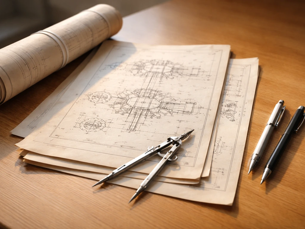 Close-up of patent paperwork and engineering sketches on a desk with drafting tools