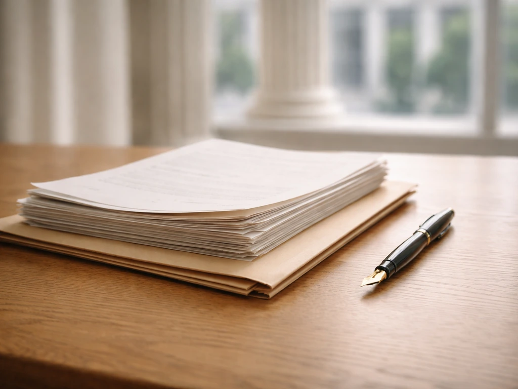 Generic legal filing pages and a pen on a wooden desk with a blurred courthouse backdrop.