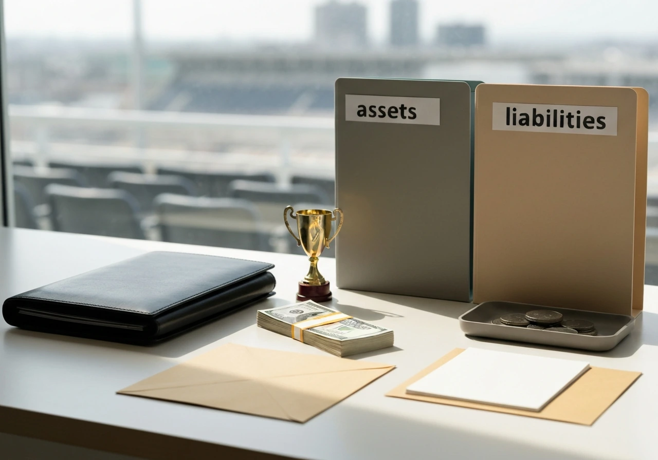 Minimal desk scene with cash, portfolio, trophy, and folders symbolizing assets vs liabilities.