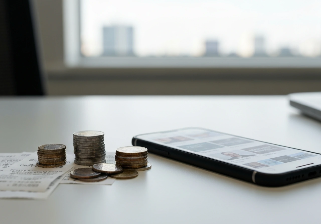 Anonymous business desk with coin stacks and a phone showing blurred financial articles, suggesting differing net worth