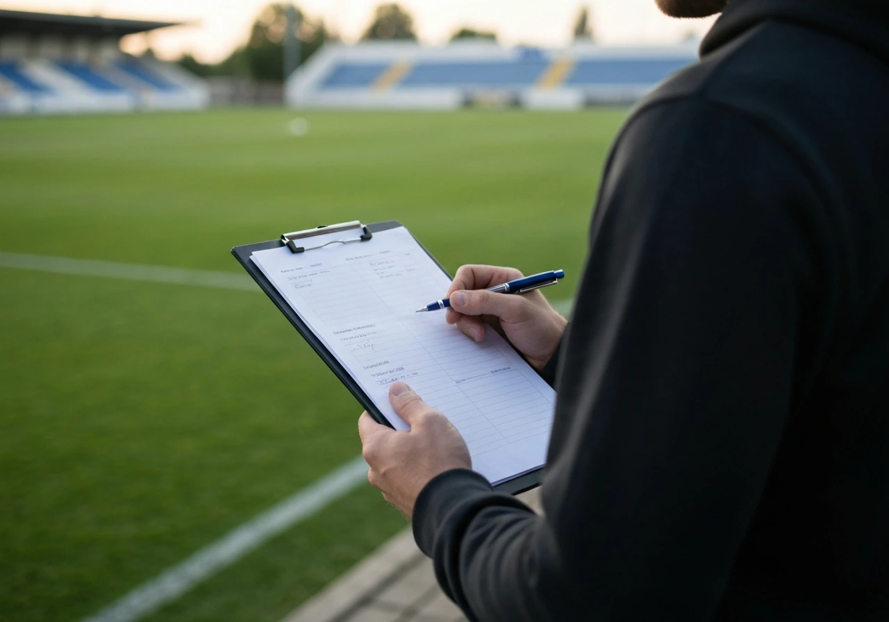 Anonymous football coach at a stadium touchline holding a clipboard, with a blurred green pitch behind.