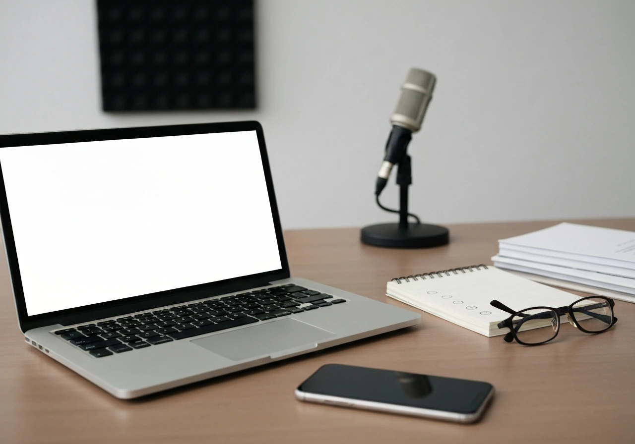 Minimal desk scene with laptop, phone, documents, and an unbranded microphone for verifying a net worth estimate