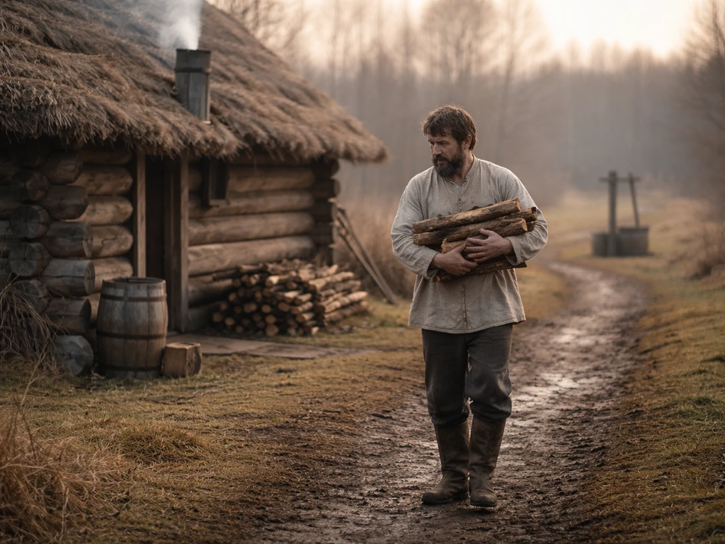 18th-century Russian peasant cottage in Shuya-like village with a solitary man carrying firewood
