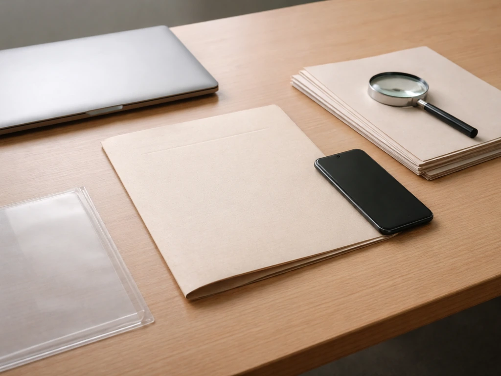 Desk with paperwork and magnifying glass beside an empty file sleeve, suggesting no credible net worth records found.