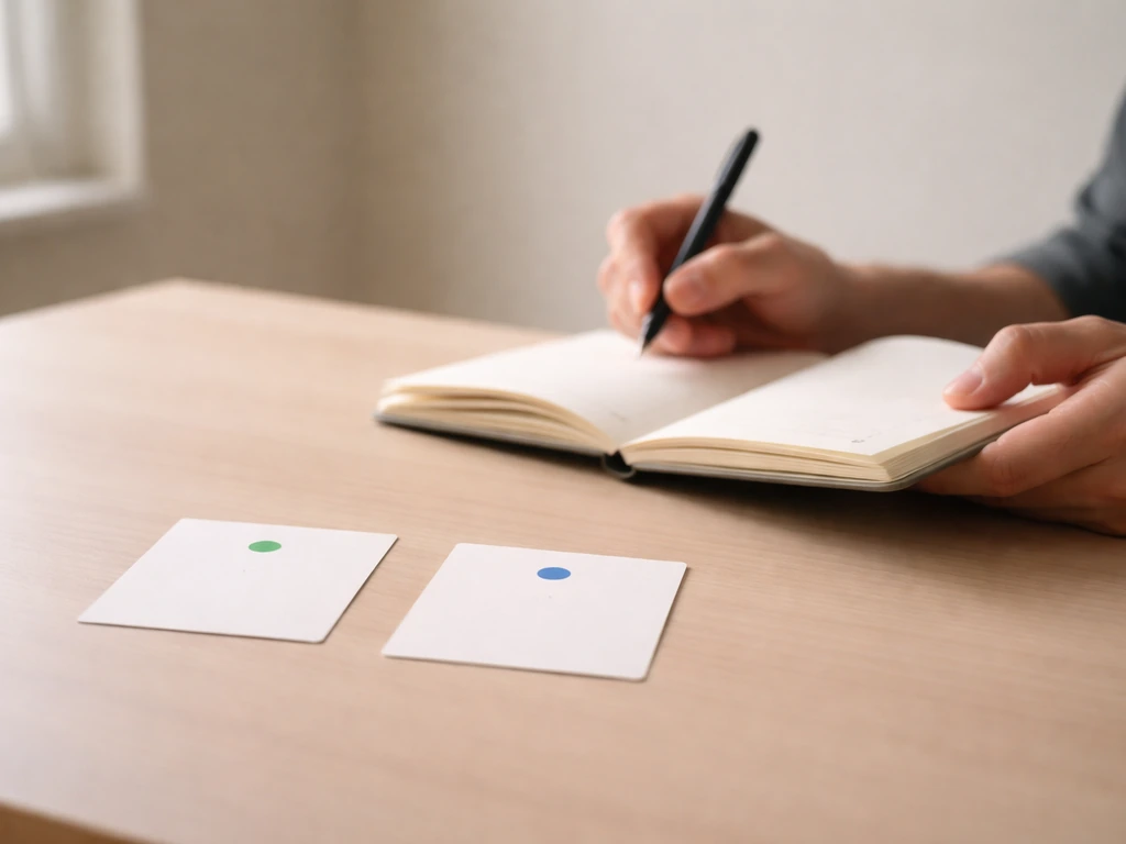 Minimal desk scene with a notebook and two blurred reference cards suggesting verified facts vs claims.