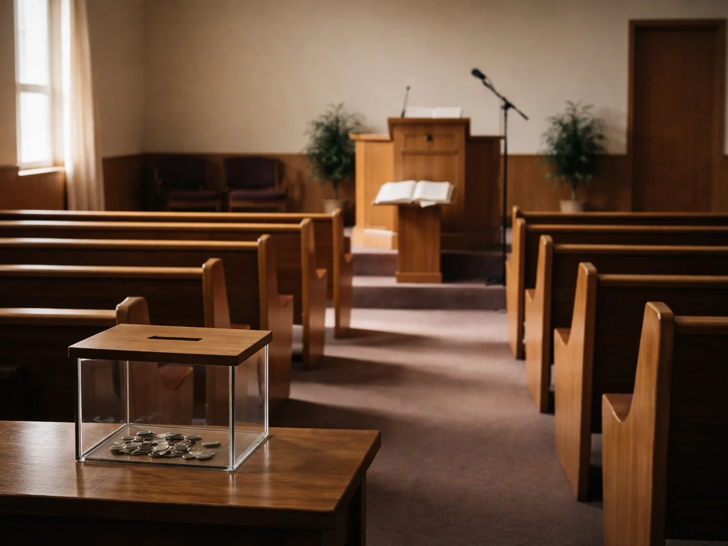Empty church interior with an offering box, coins, and a microphone stand under warm natural light