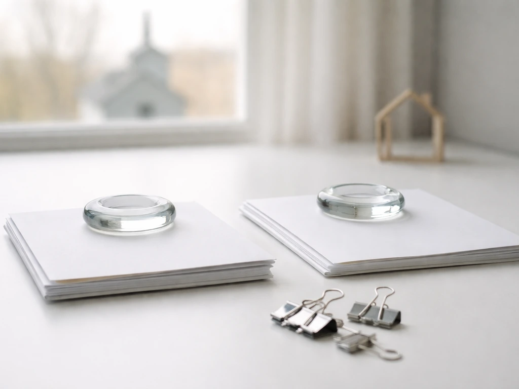 Two blank document folders on a desk with subtle church-house hints, suggesting affiliated organizations and legal struc