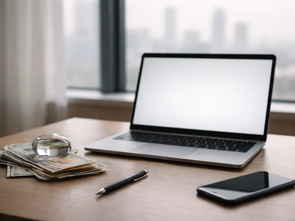 Minimal desk scene with an open laptop, banknotes, and paperweight symbolizing net-worth analysis.