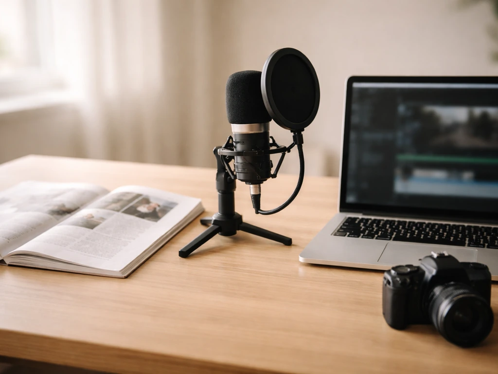 Desk with microphone, open magazine page, and laptop/camera setup suggesting journalism and media income.