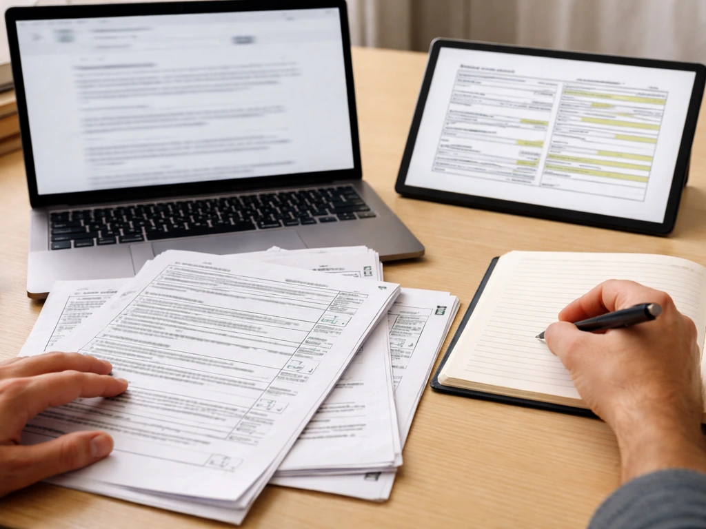 Person reviewing nonprofit 990-style forms and comparing records on a laptop at a desk.