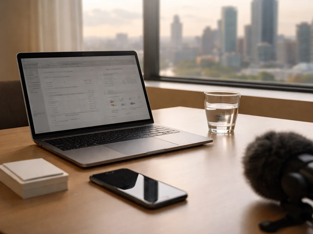 Minimal office desk with laptop, phone, microphone, and city skyline—symbolic investor net-worth analysis scene.