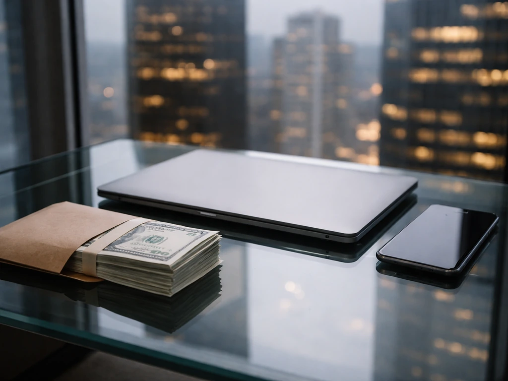Upscale office desk with money and a laptop, city lights outside, symbolizing a financial net worth estimate range.