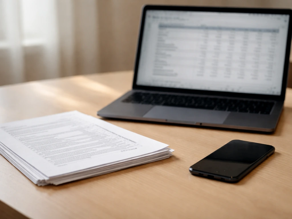 Minimal desk with anonymous finance documents and laptop, symbolizing filings feeding into valuation.