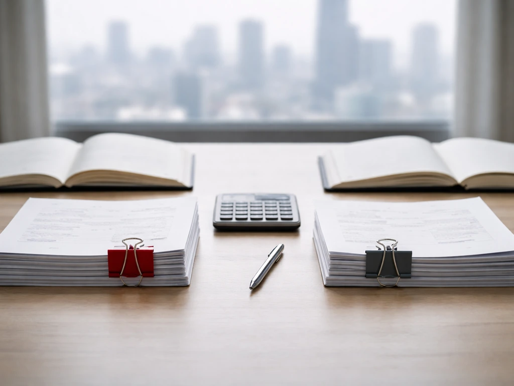 Office desk with two sets of papers, calculator, and different document thicknesses to suggest estimate gaps