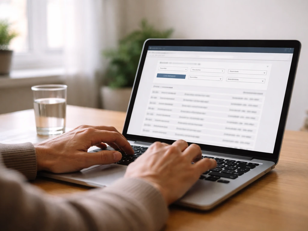 Person using a laptop with SEC EDGAR-style search and filters to review filings
