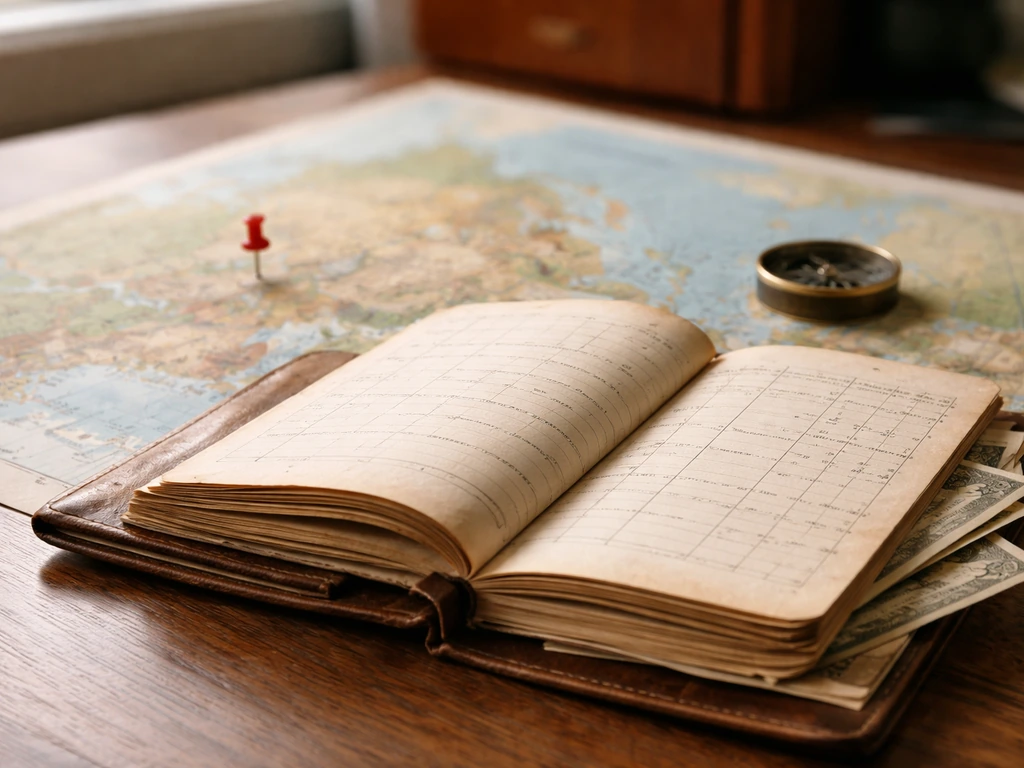 Minimal photo of an open cash ledger beside a blurred map, suggesting shifting fortunes from Russia to Georgia.