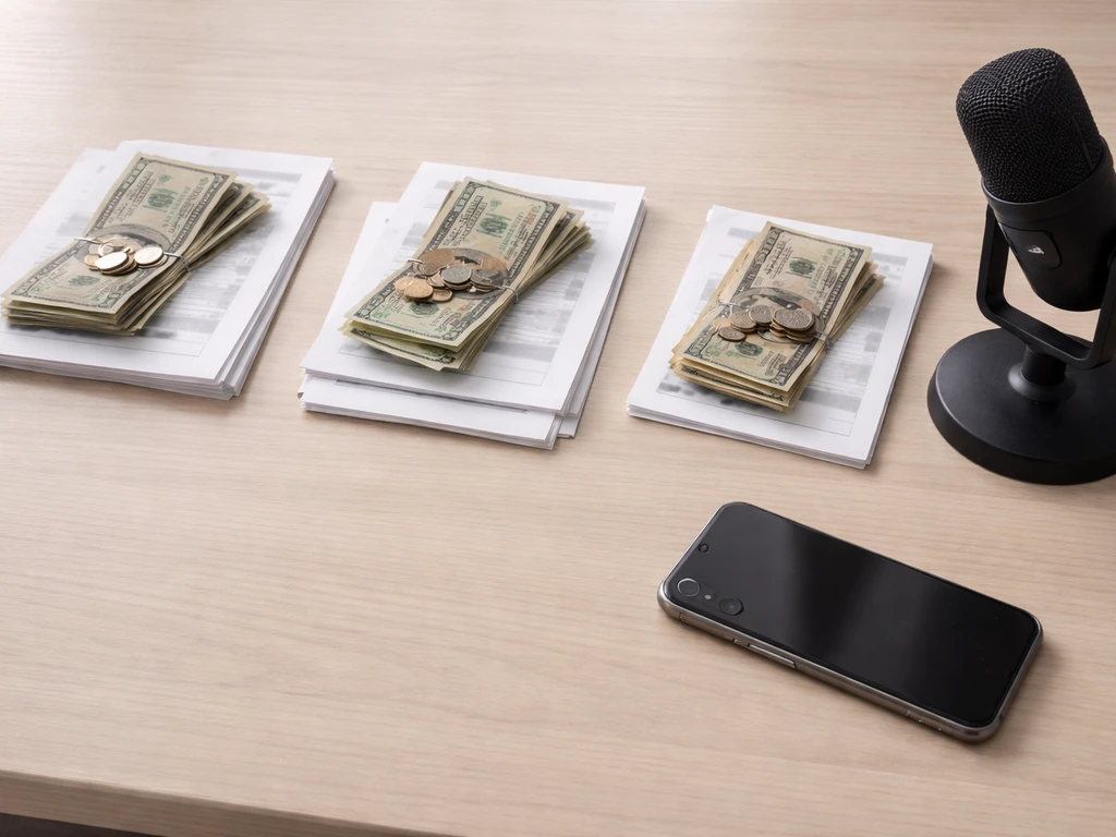 Minimal desk with cash, documents, smartphone, and microphone symbolizing differing financial estimates.