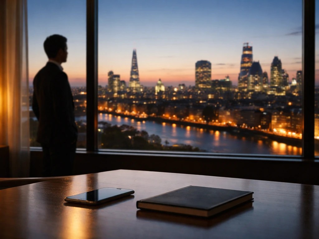 Dusk London skyline through an office window with a blurred investor silhouette near a desk