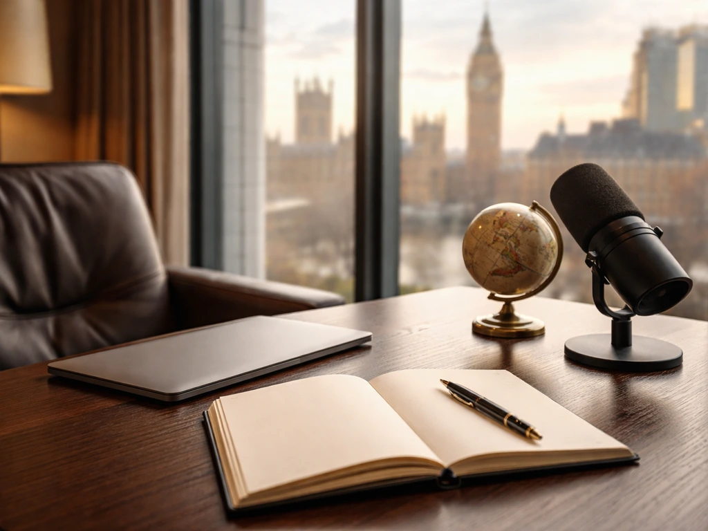 Minimal London office desk with globe and microphone, symbolic of venture investing and public media work.