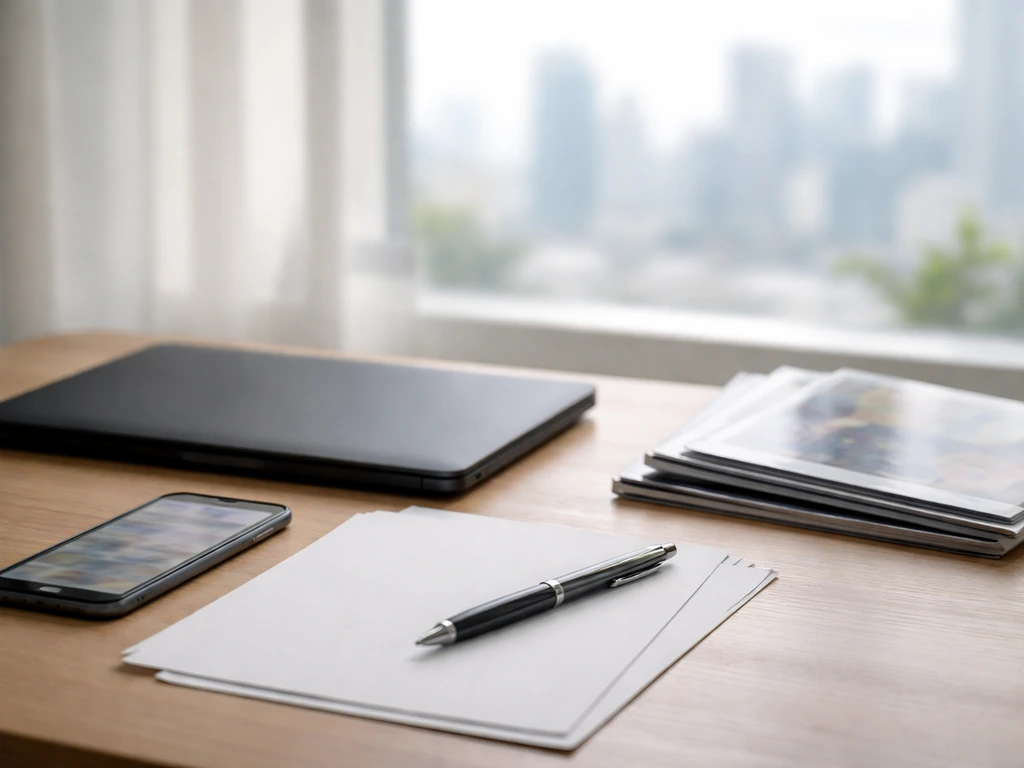 Minimal desk scene with scattered papers and a smartphone displaying blurred news headlines, suggesting a £560M net-wort
