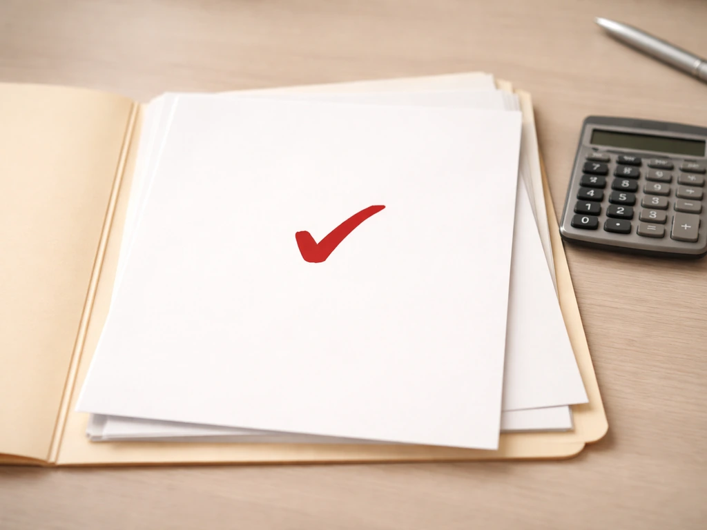 Minimal photo showing a stack of printed documents and a calculator beside a red-checked document