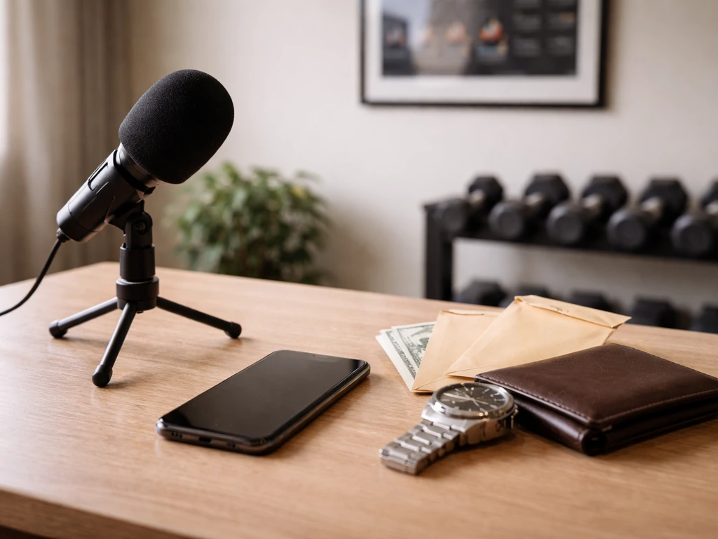 Fitness-media office desk with microphone and smartphone, subtle wealth cues like cash envelopes and watch