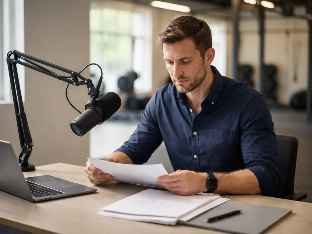Anonymous media executive at a quiet desk with a studio microphone, office setting associated with CrossFit Media.